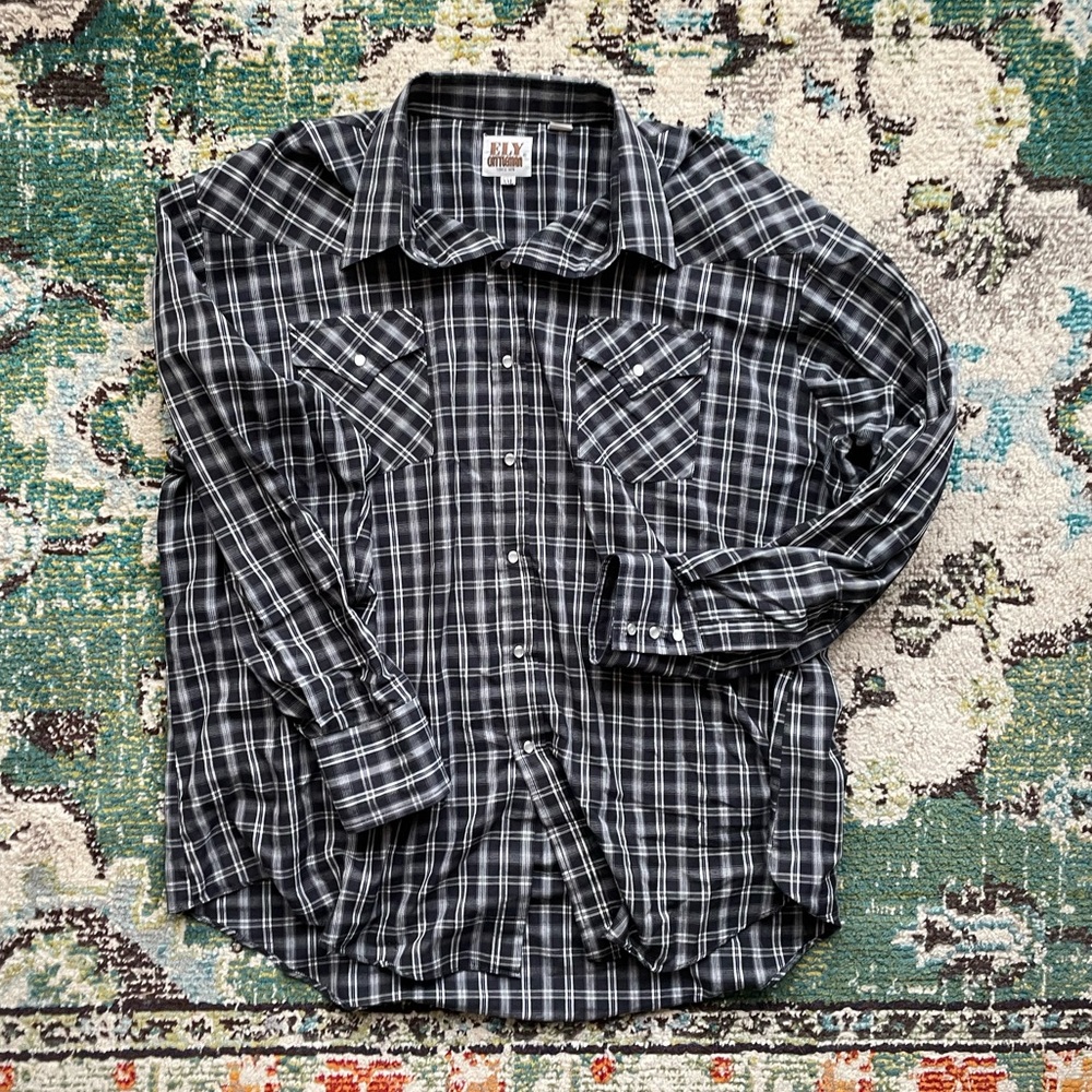 XXL Ely Cattleman Western Snap Shirt in Black Plaid